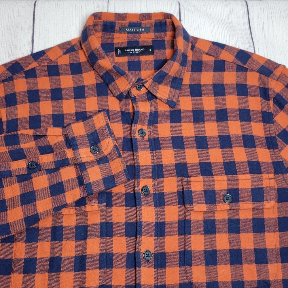 Lucky Brand Orange Plaid Classic Fit‎ Long Sleeve Button Up Shirt Men's Small